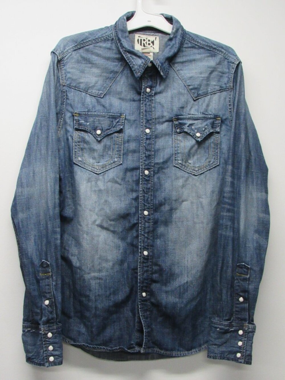True Religion Denim Jake Western Shirt Pearl Snap Distressed Men's sz L Retro
